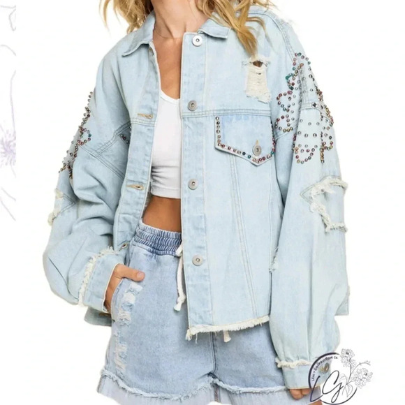 POL Shimmering Jewel Denim Jean Jacket Beaded Distressed Size Large - Picture 1 of 16